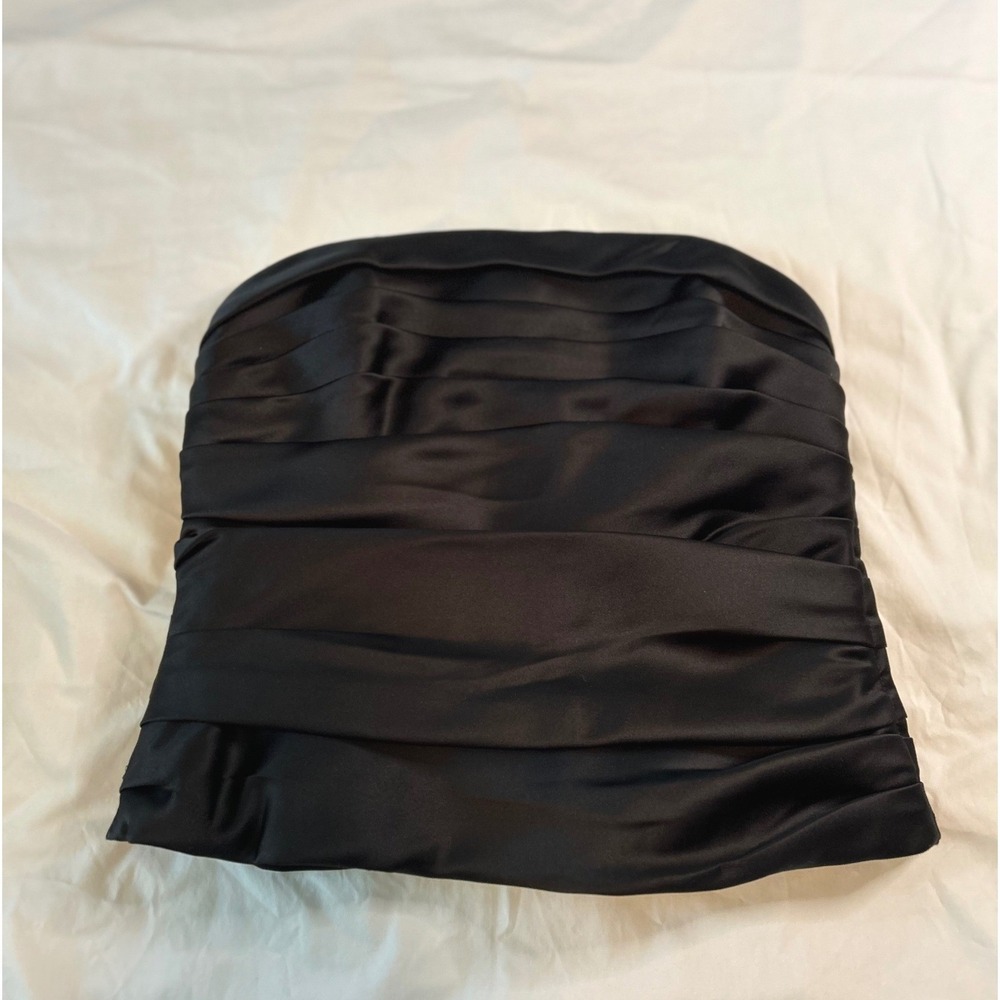 Amsale Black Satin Ruched Strapless Top Pleated Evening Blouse Size 12